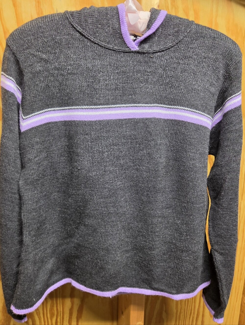It’s Our Time Vintage Y2K Hooded Striped Sweater Gray Purple Knit Pullover